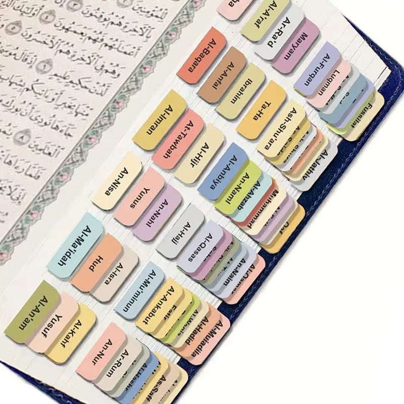 120Pcs Quran Index Tabs - 114 Chapters and 6 Blank, Self-Adhesive 6 Sheets Laminated Quran Tabs-Tear-Resistant , Clear Print For