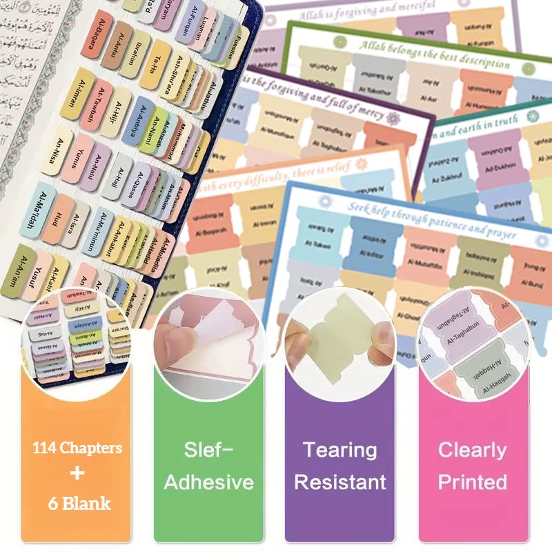120Pcs Quran Index Tabs - 114 Chapters and 6 Blank, Self-Adhesive 6 Sheets Laminated Quran Tabs-Tear-Resistant , Clear Print For