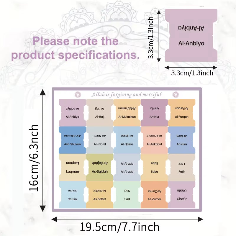 120Pcs Quran Index Tabs - 114 Chapters and 6 Blank, Self-Adhesive 6 Sheets Laminated Quran Tabs-Tear-Resistant , Clear Print For